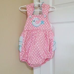 Pink and white poka dot romper